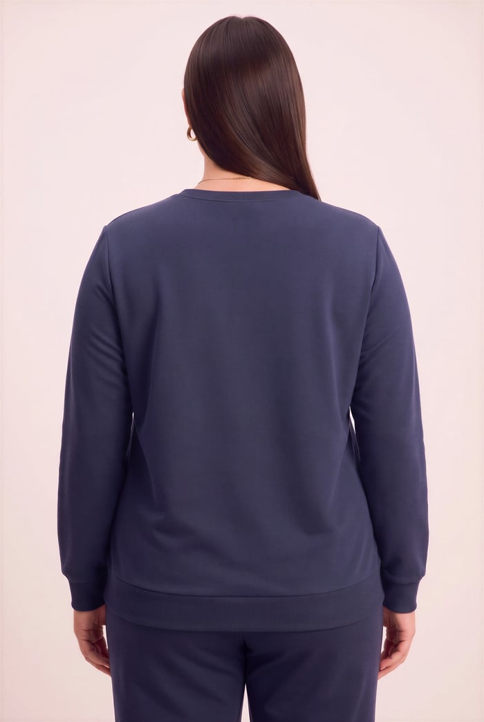 Özel Baskı Detaylı Büyük Beden Örme Modal Sweatshirt Lacivert - RMG