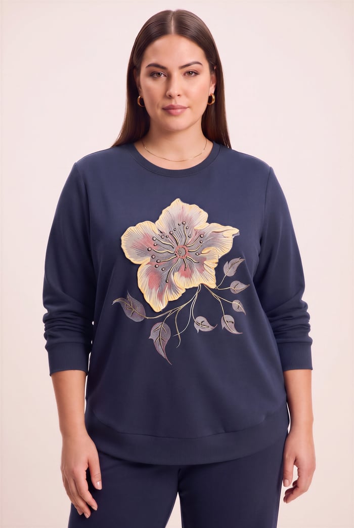 Özel Baskı Detaylı Büyük Beden Örme Modal Sweatshirt Lacivert