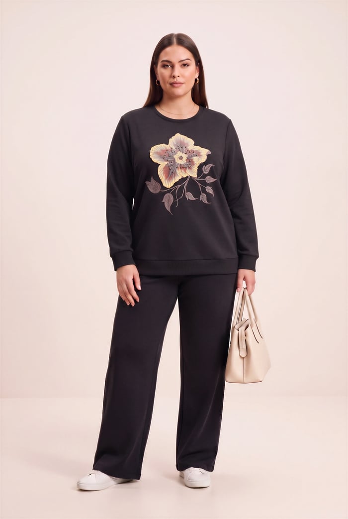 Özel Baskı Detaylı Büyük Beden Örme Modal Sweatshirt Siyah - RMG