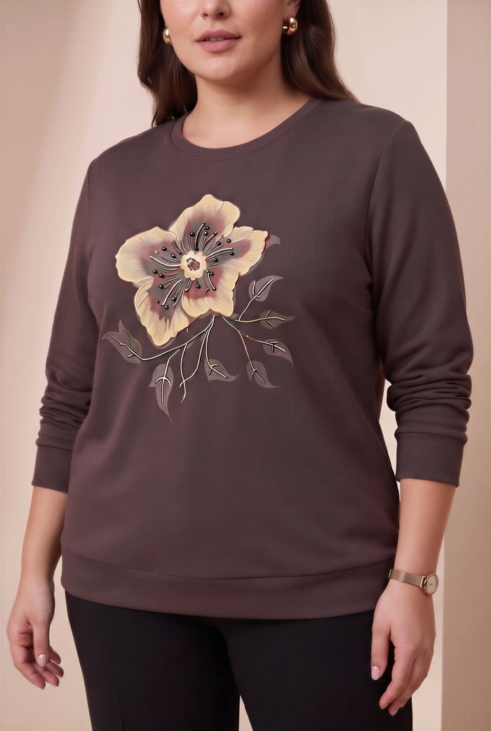 Özel Baskı Detaylı Büyük Beden Örme Modal Sweatshirt Kahve