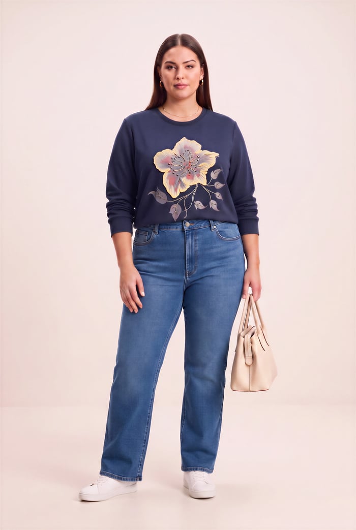 Özel Baskı Detaylı Büyük Beden Örme Modal Sweatshirt Lacivert - RMG