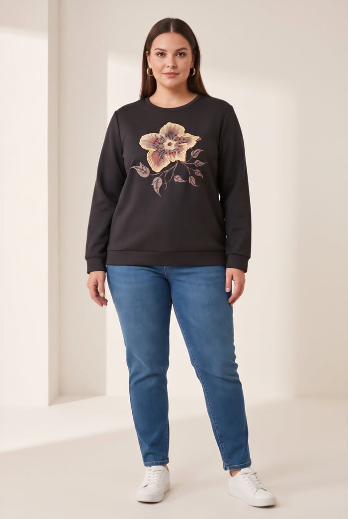 Özel Baskı Detaylı Büyük Beden Örme Modal Sweatshirt Siyah - RMG
