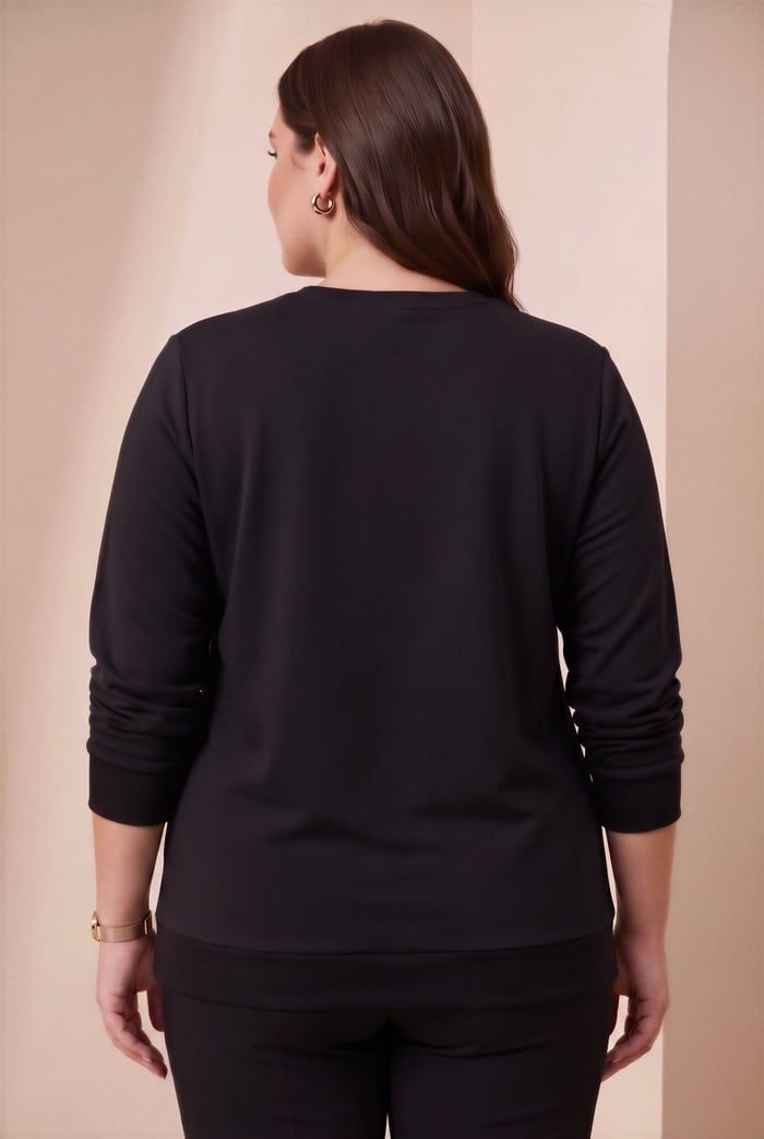 Özel Baskı Detaylı Büyük Beden Örme Modal Sweatshirt Siyah - RMG