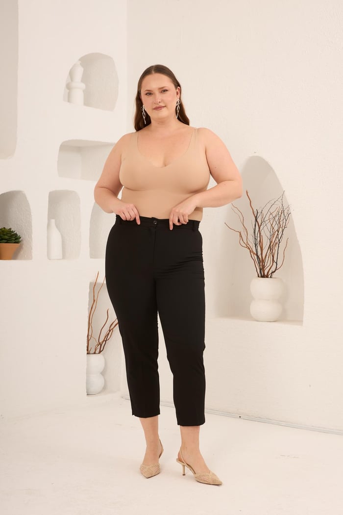 Paça Yırtmaçlı Büyük Beden Gabardin Pantolon Siyah - RMG