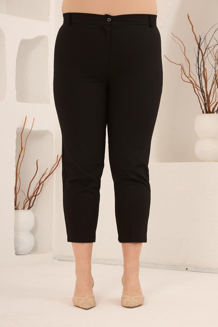 Paça Yırtmaçlı Büyük Beden Gabardin Pantolon Siyah - RMG