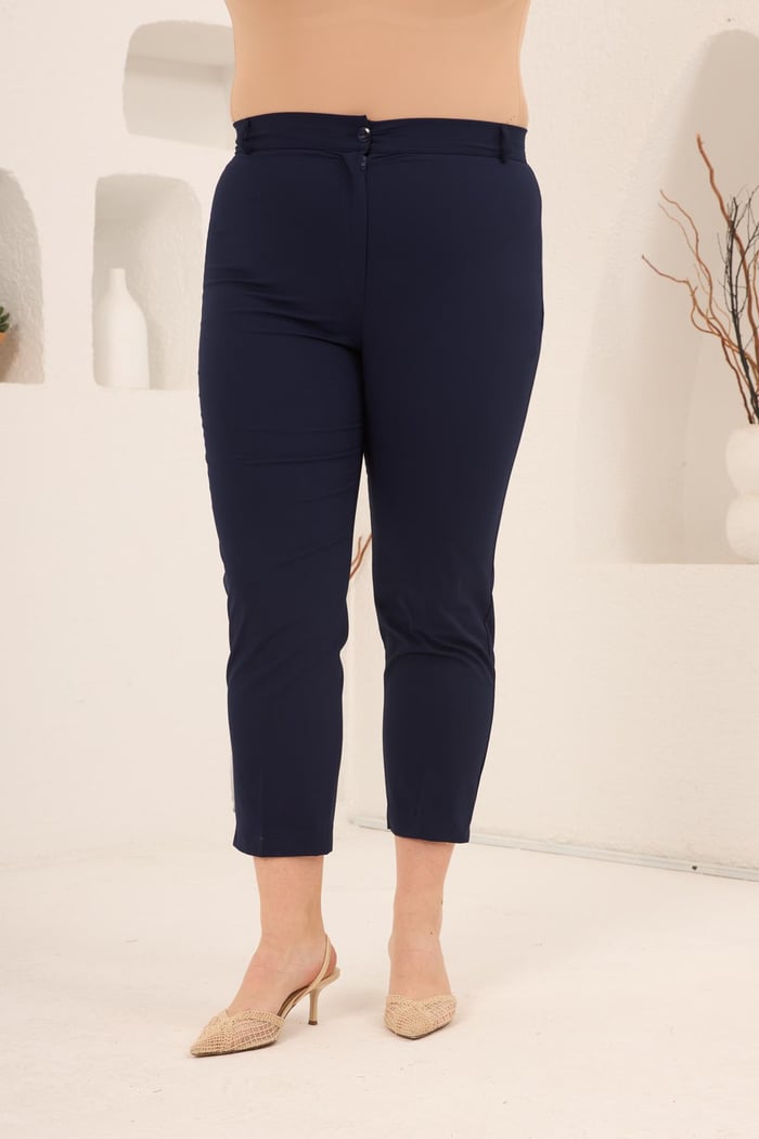 Paça Yırtmaçlı Büyük Beden Gabardin Pantolon Lacivert - RMG