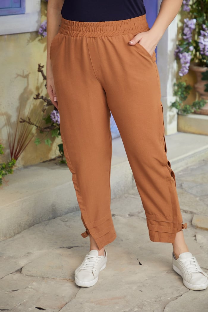  Rmg Paça Yırtmaç Detaylı Beli Lastikli Büyük Beden Camel Pantolon  