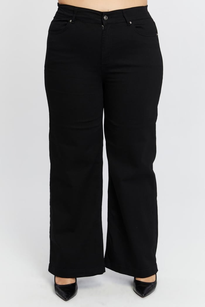 Beli Lastikli Bol Paça Büyük Beden Siyah Kot Pantolon