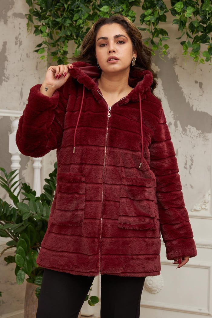 Cep Detaylı Büyük Beden Uzun Bordo Peluş Mont