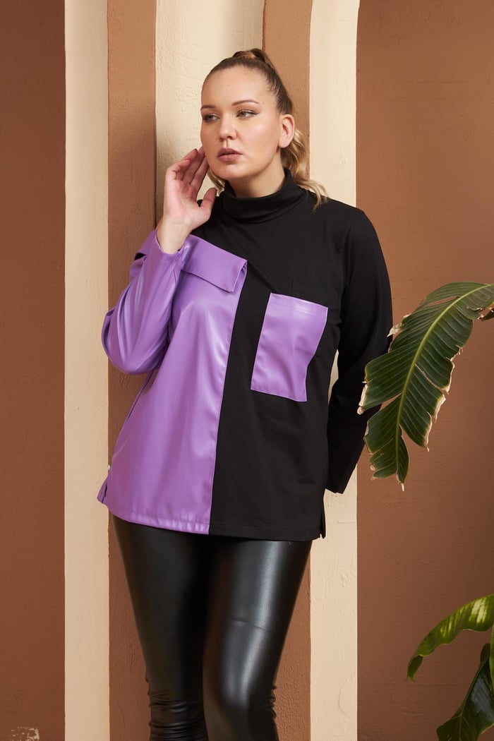 Rmg Deri Garnili Mor Büyük Beden Sweatshirt