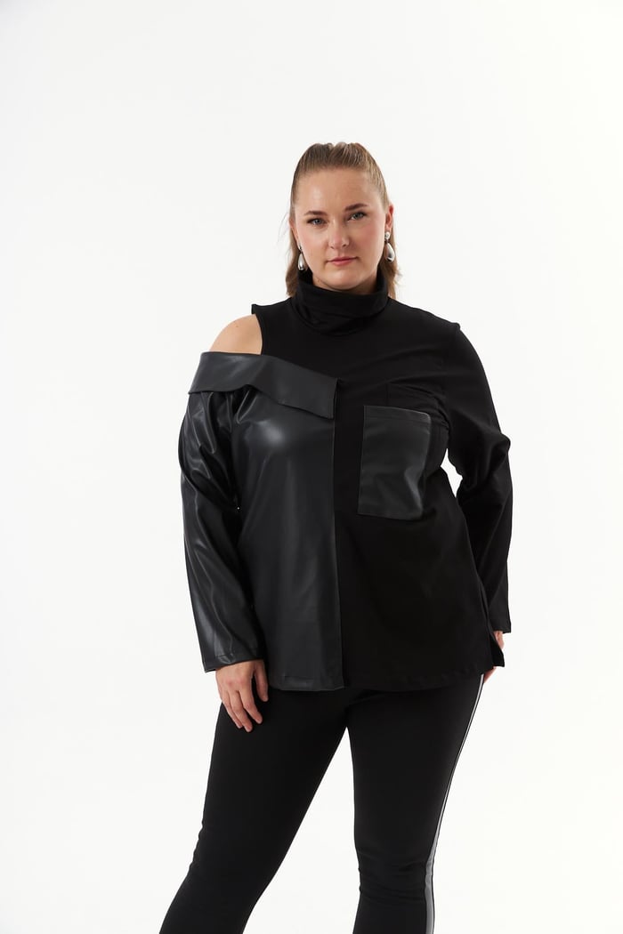Deri Garnili Siyah Büyük Beden Sweatshirt