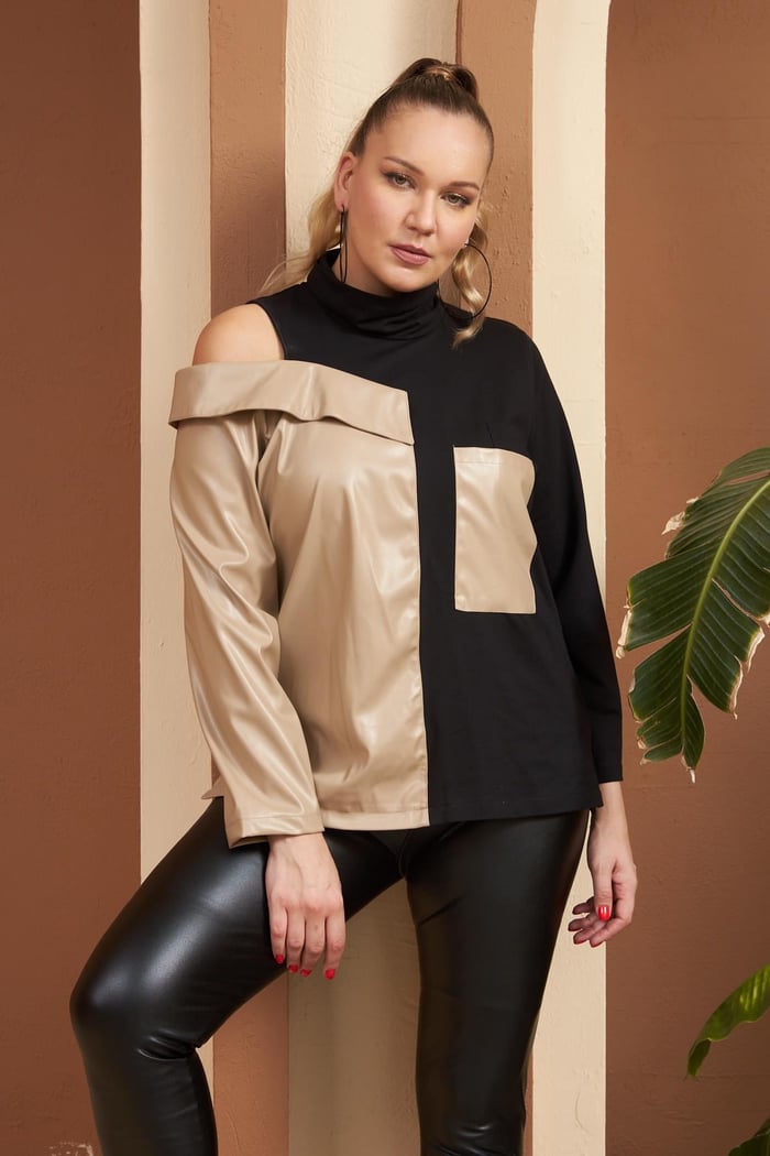 Deri Garnili Vizon Büyük Beden Sweatshirt
