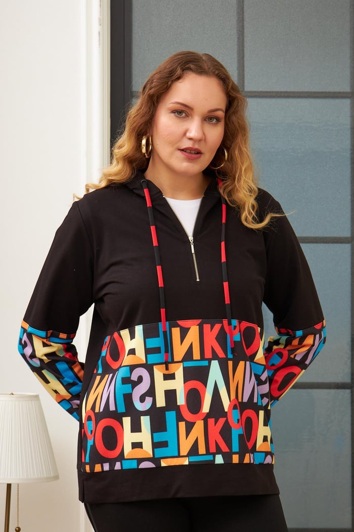 Rmg Harf Baskılı Büyük Beden Siyah Sweatshirt