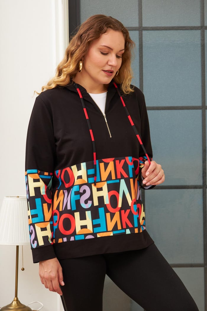 Rmg Harf Baskılı Büyük Beden Siyah Sweatshirt