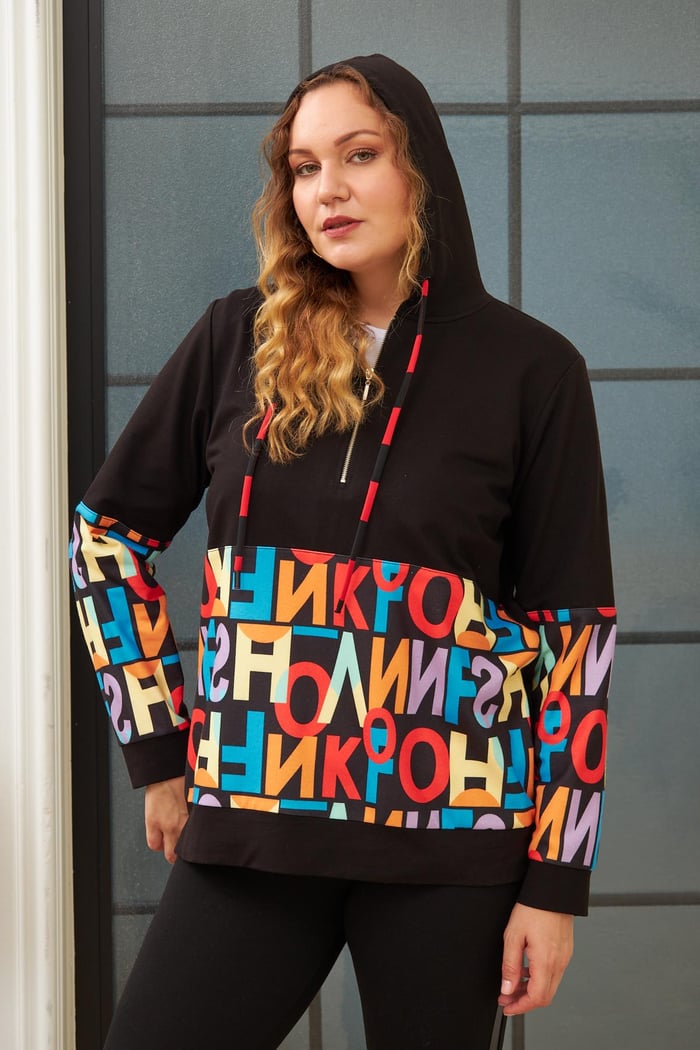 Rmg Harf Baskılı Büyük Beden Siyah Sweatshirt