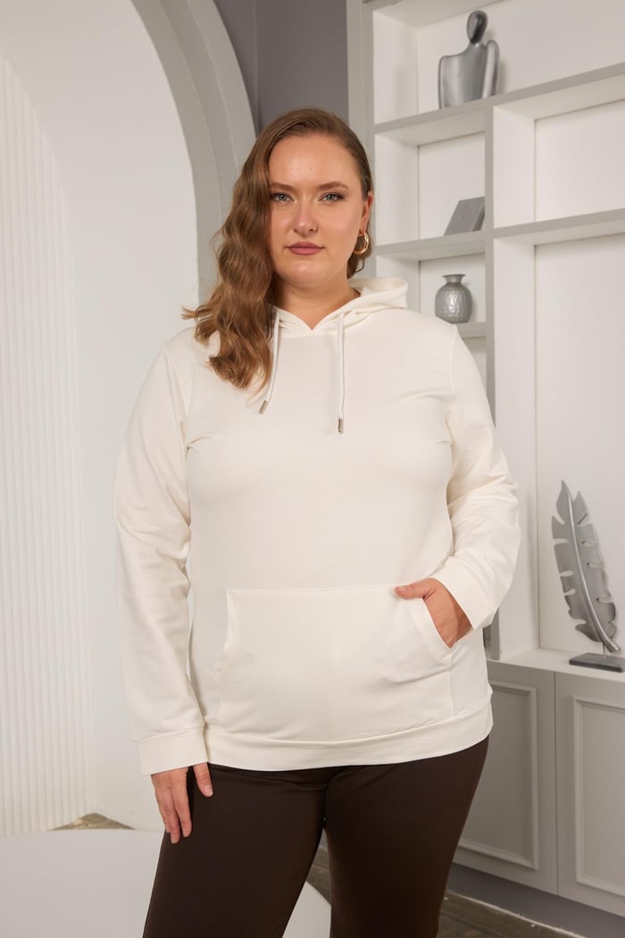 Rmg Kapşonlu Büyük Beden Beyaz Sweatshirt
