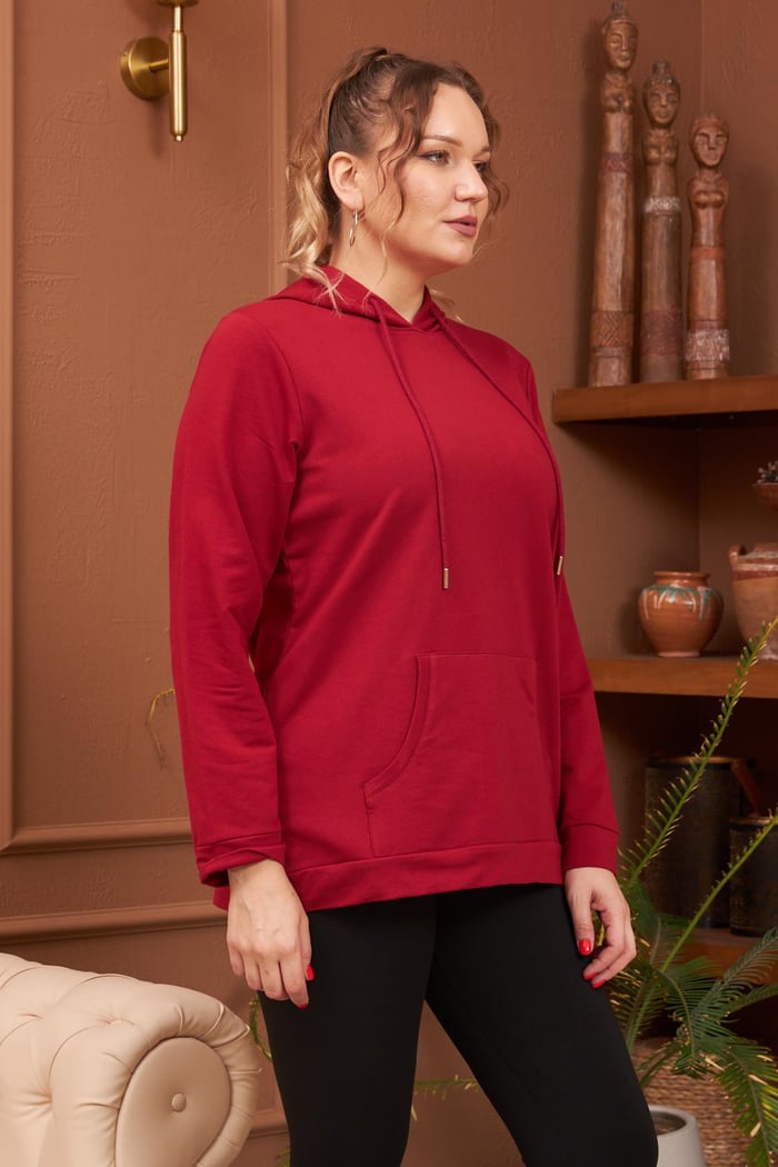 Rmg Kapşonlu Büyük Beden Bordo Sweatshirt