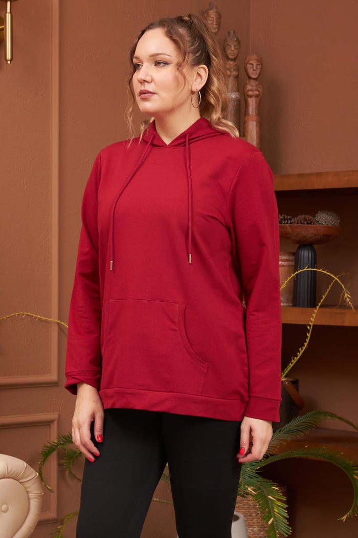 Rmg Kapşonlu Büyük Beden Bordo Sweatshirt