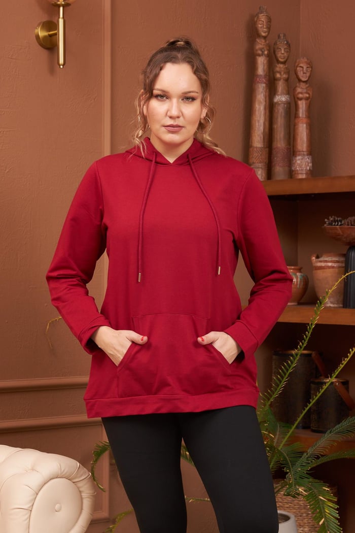 Rmg Kapşonlu Büyük Beden Bordo Sweatshirt