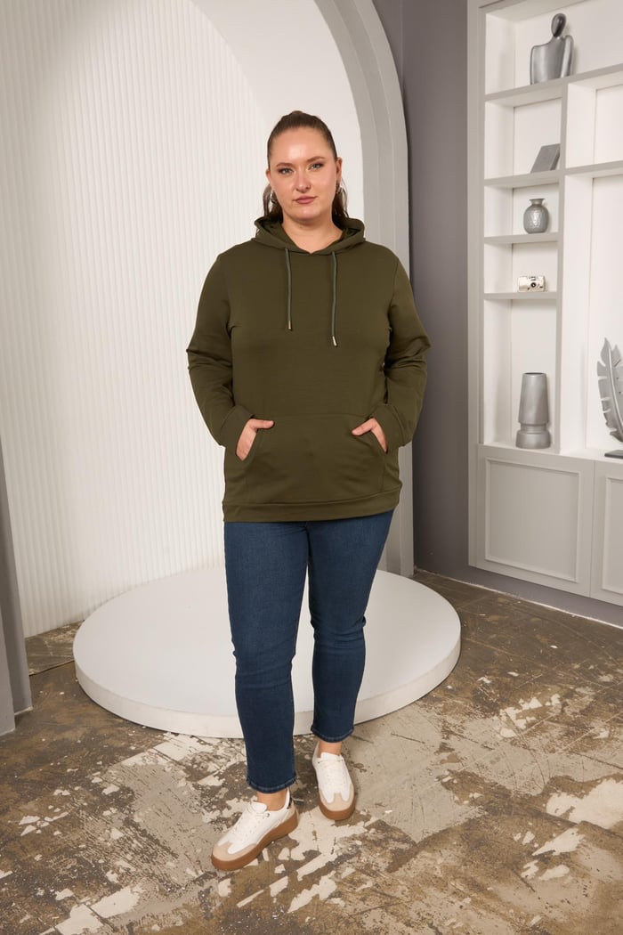 Rmg Kapşonlu Büyük Beden Haki Sweatshirt