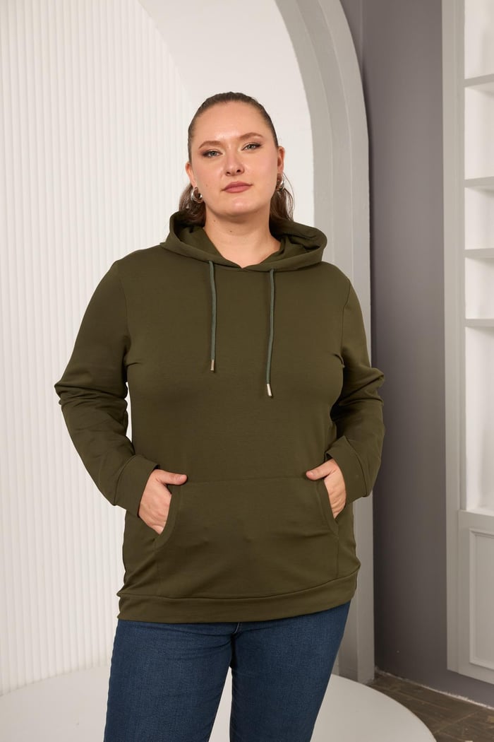 Kapşonlu Büyük Beden Haki Sweatshirt