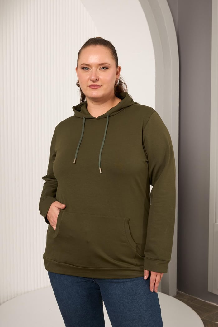 Rmg Kapşonlu Büyük Beden Haki Sweatshirt