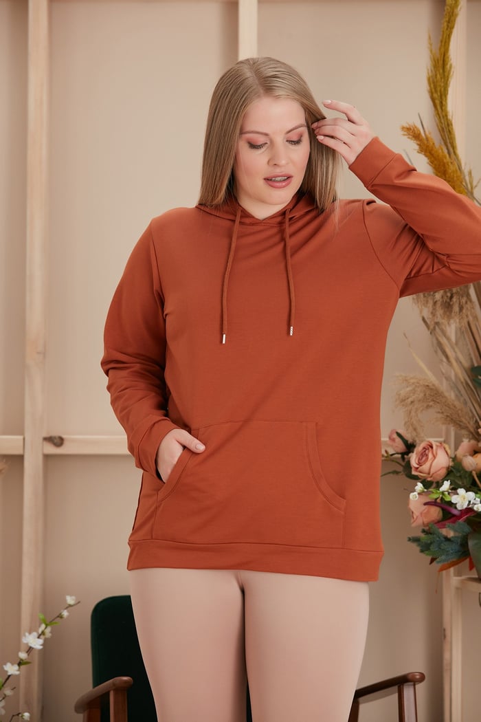 Rmg Kapşonlu Büyük Beden Kiremit Sweatshirt