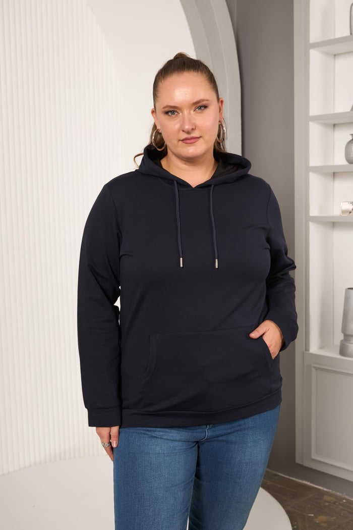 Kapşonlu Büyük Beden Lacivert Sweatshirt