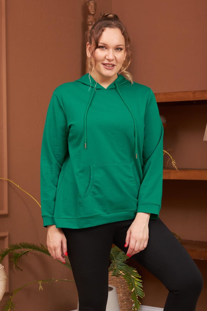 Rmg Kapşonlu Büyük Beden Yeşil Sweatshirt