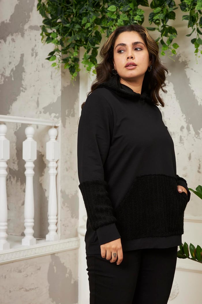 Rmg Kol Detaylı Büyük Beden Siyah Sweatshirt