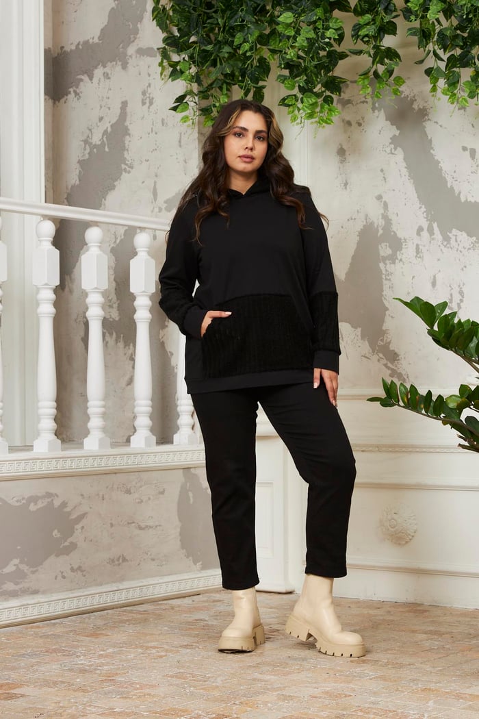Rmg Kol Detaylı Büyük Beden Siyah Sweatshirt