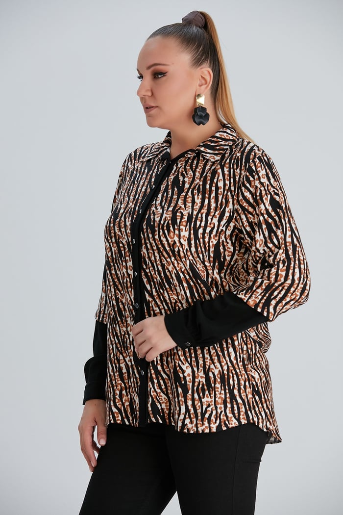 Rmg Kol Detaylı Zebra Desenli Büyülk Beden Siyah Gömlek