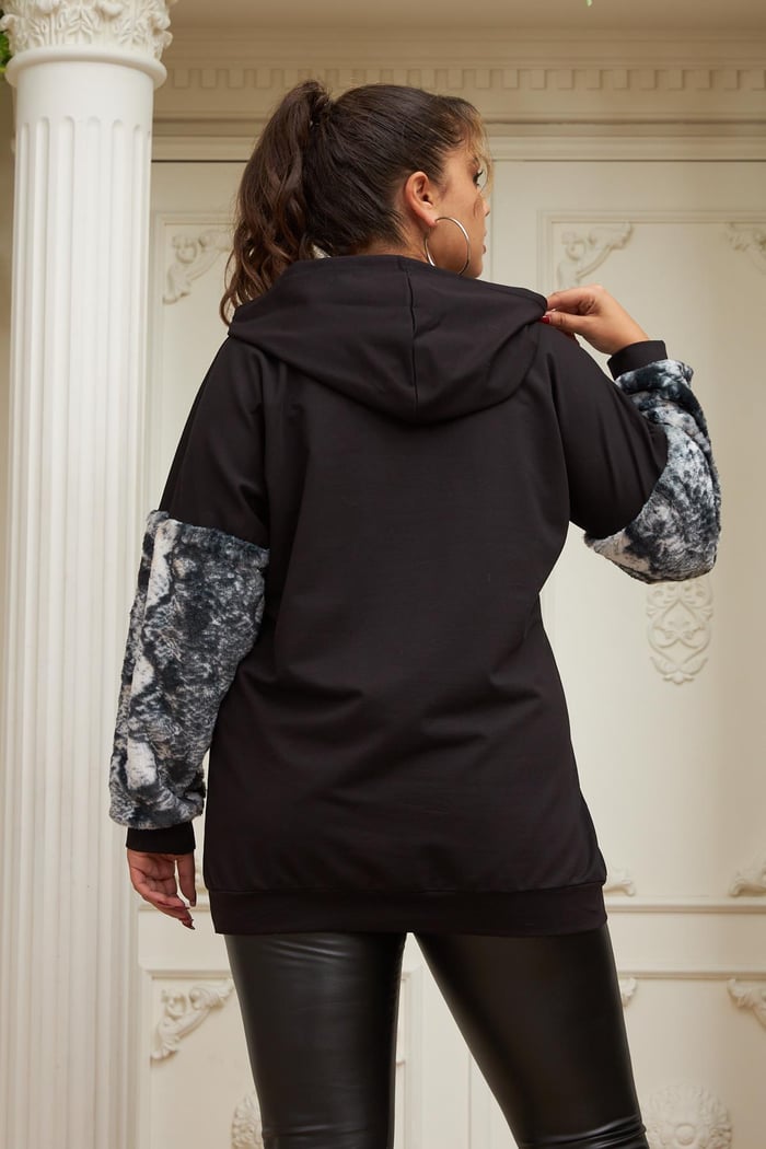 Rmg Kol Kürk Detaylı Büyük Beden Siyah Sweatshirt