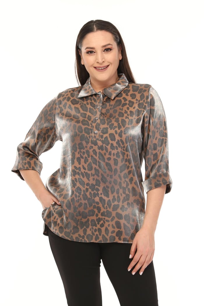 Rmg Leopar Desen Parlak Kumaş Büyük Beden Bluz