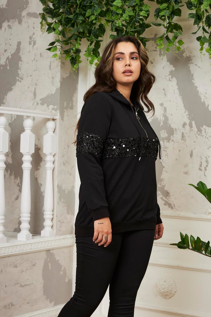 Rmg Pul Payet Detaylı Büyük Beden Siyah Sweatshirt