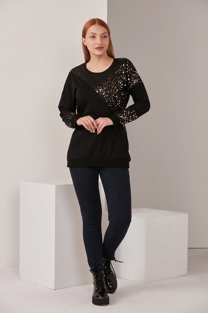 Rmg Pul Payet İşlemeli Deri Detaylı Siyah Sweatshirt