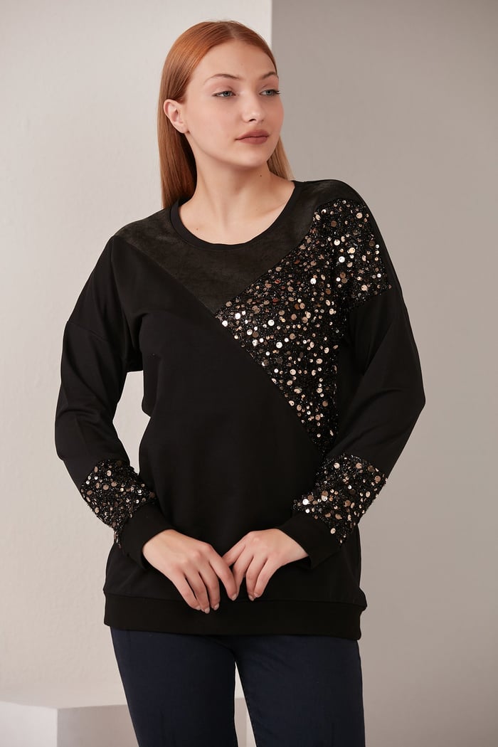 Rmg Pul Payet İşlemeli Deri Detaylı Siyah Sweatshirt