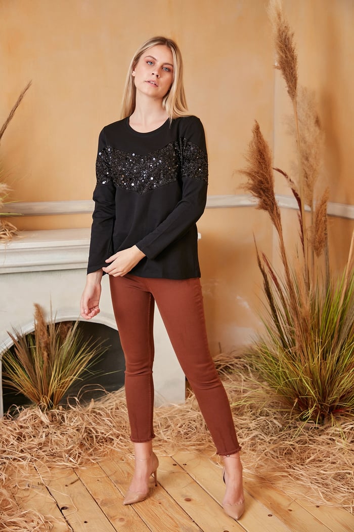 Rmg Pul Payet İşlemeli Siyah Sweatshirt