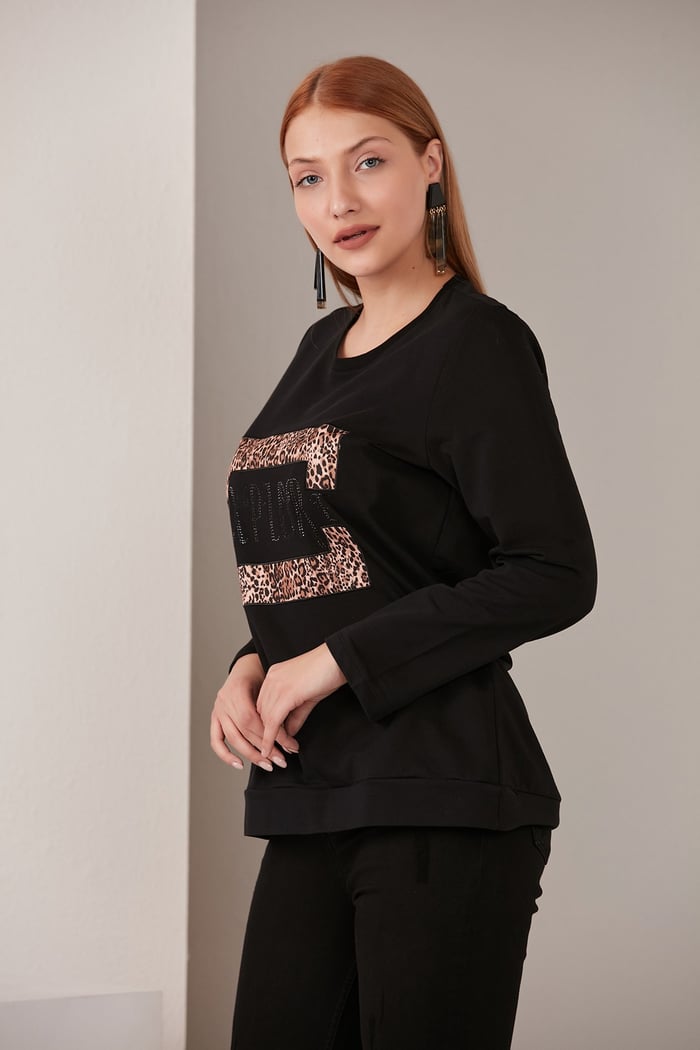 Rmg Taş İşlemeli Leopar Garnili Siyah Sweatshirt