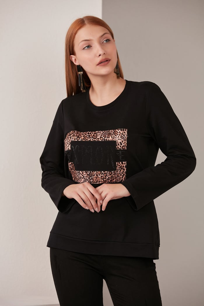 Rmg Taş İşlemeli Leopar Garnili Siyah Sweatshirt