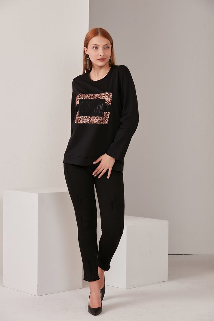 Rmg Taş İşlemeli Leopar Garnili Siyah Sweatshirt