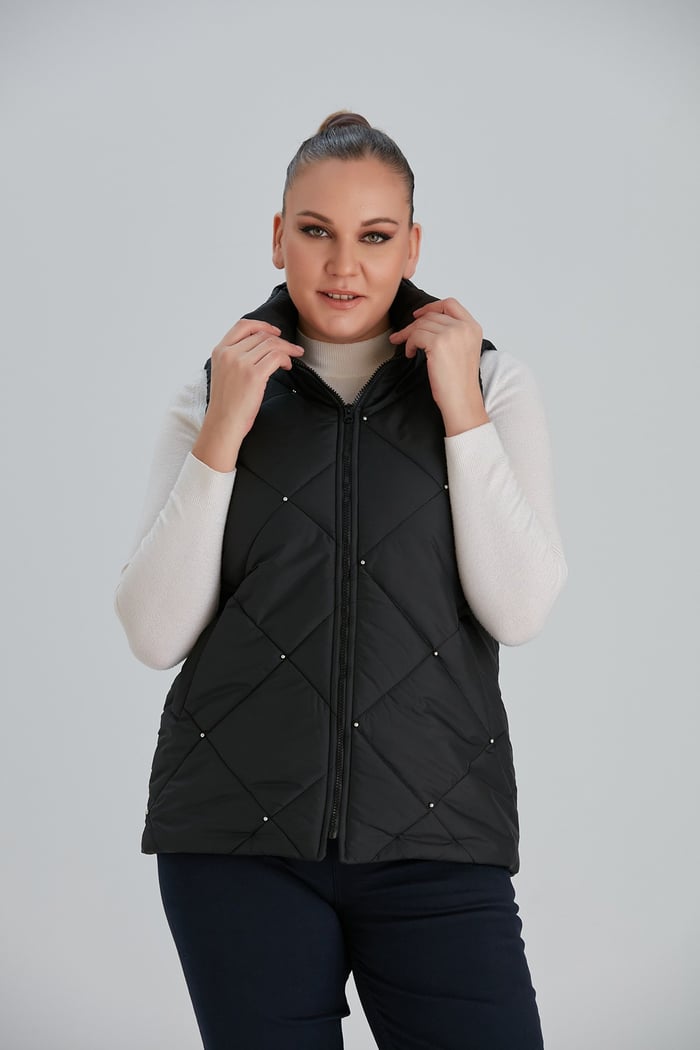 Rmg Taşlı Kapşonlu Büyük Beden Siyah Kapitone Yelek