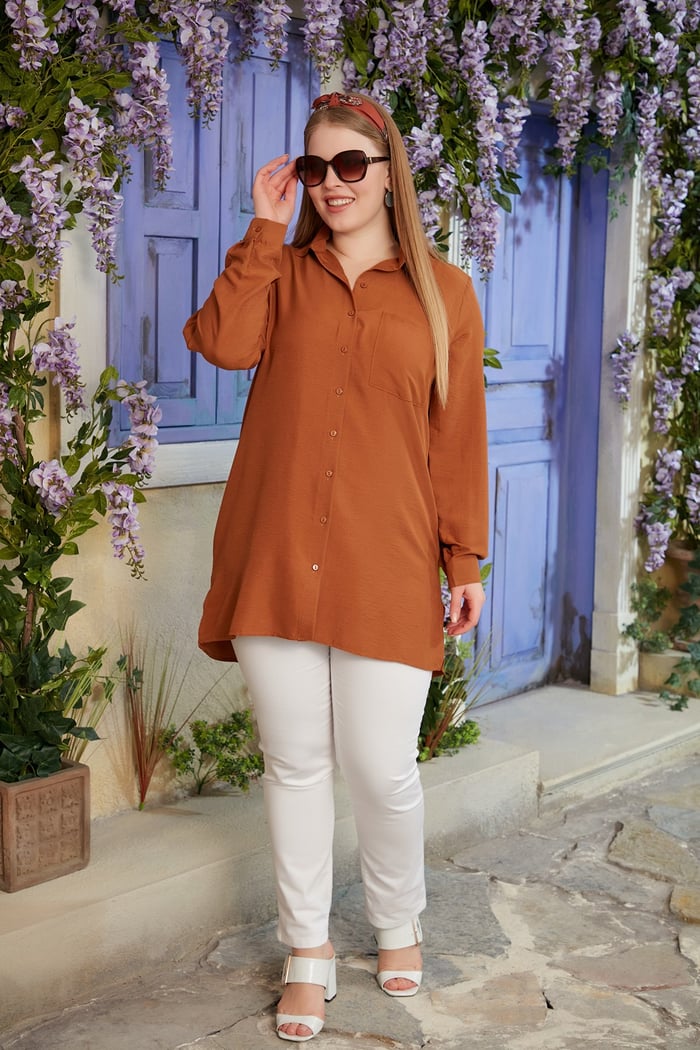 Rmg Yanları Yırtmaç Detaylı Büyük Beden Camel Gömlek