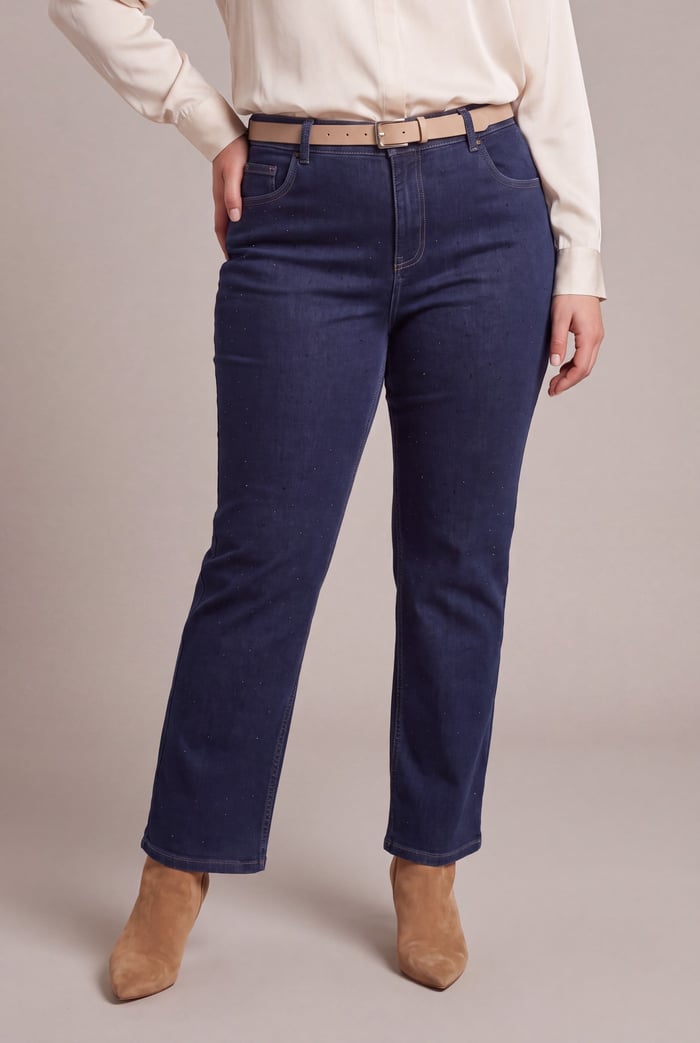 Serpme Taş Detaylı Boru Paça Büyük Beden Denim Pantolon Lacivert - RMG