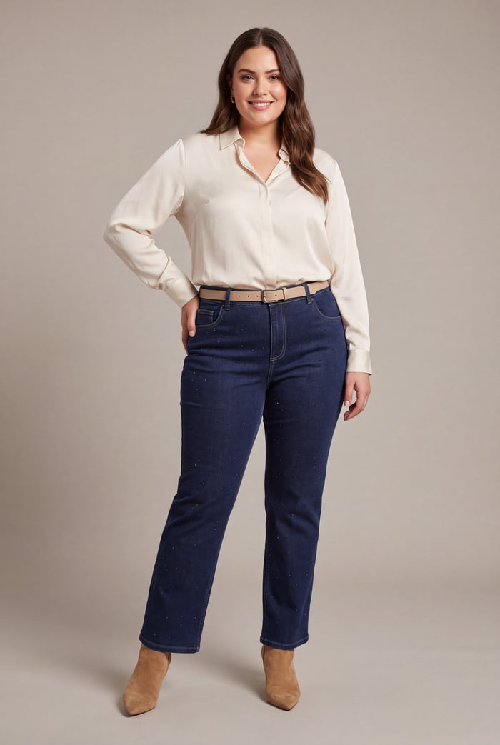 Serpme Taş Detaylı Boru Paça Büyük Beden Denim Pantolon Lacivert - RMG