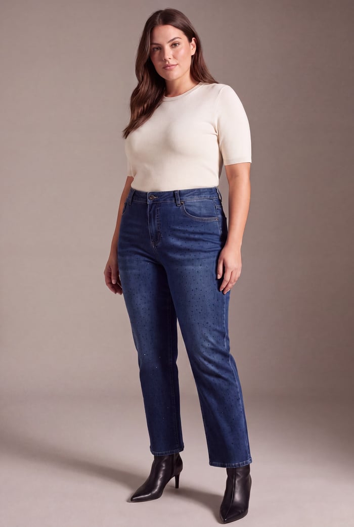Serpme Taş Detaylı Boru Paça Büyük Beden Denim Pantolon Mavi - RMG