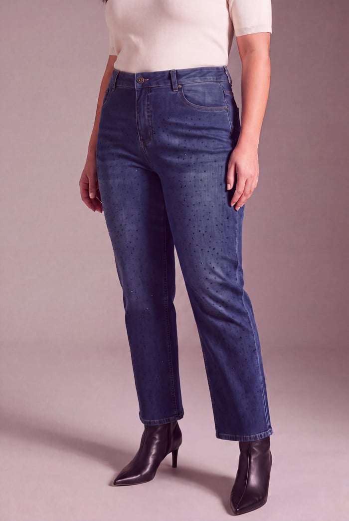 Serpme Taş Detaylı Boru Paça Büyük Beden Denim Pantolon Mavi