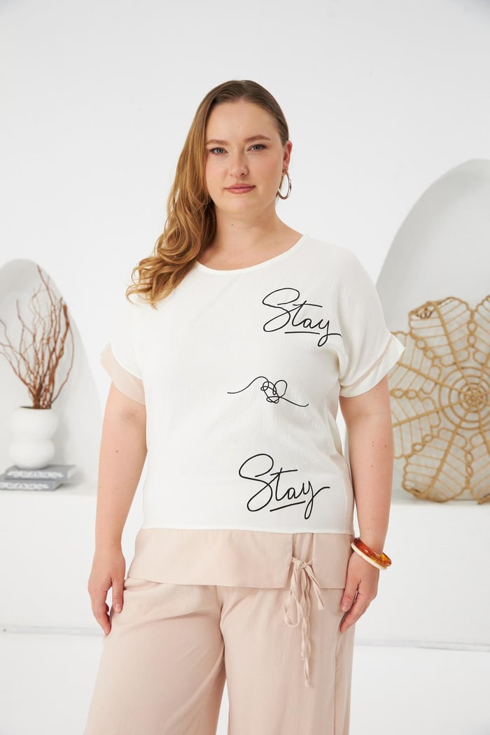 Stay Yazılı Büyük Beden Bluz-Pantolon Takım Krem