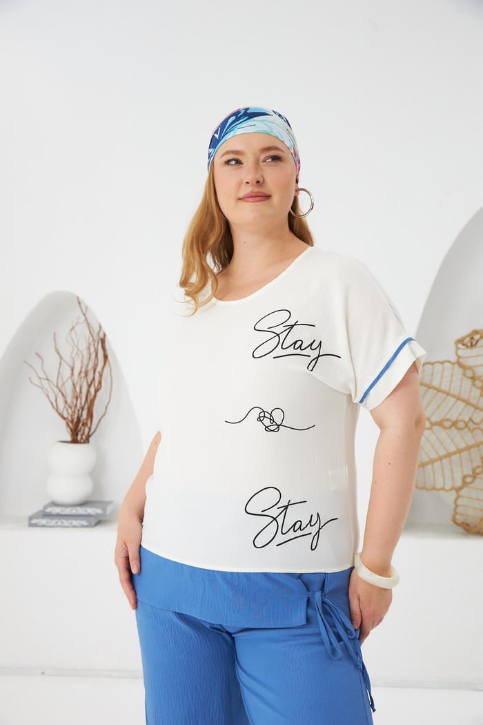 Stay Yazılı Büyük Beden Bluz-Pantolon Takım İndigo