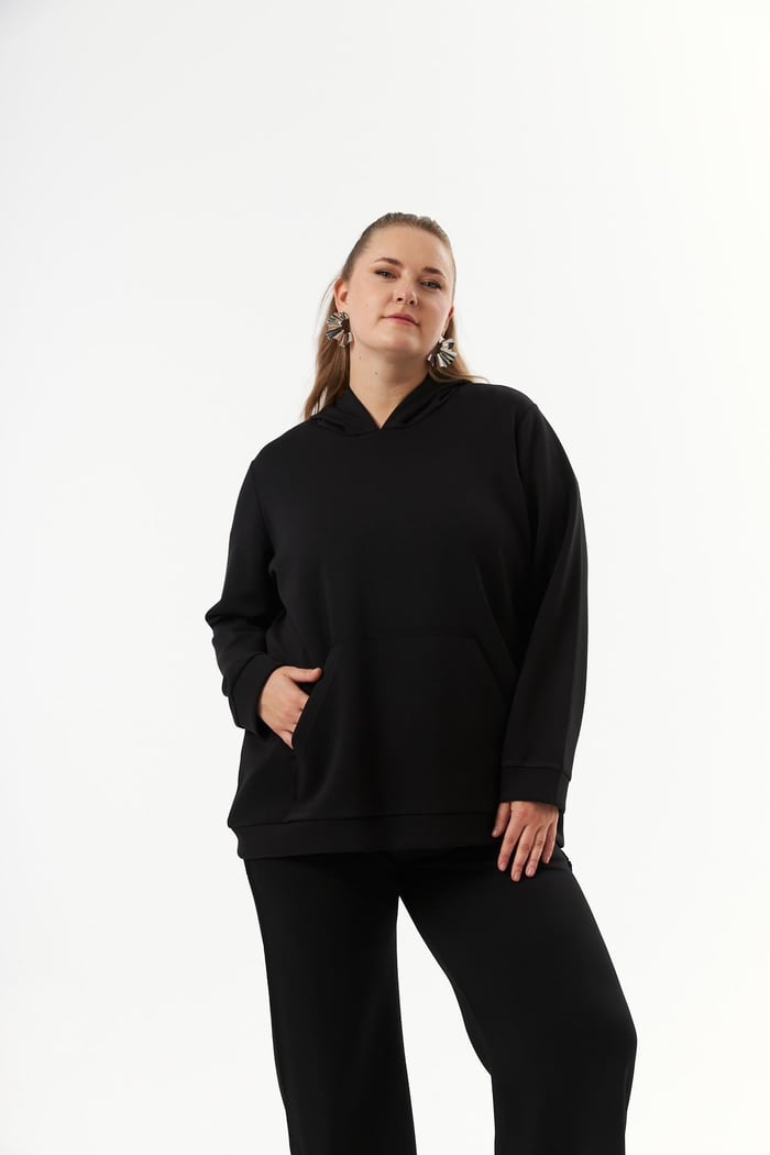 Büyük Beden Kanguru Cepli Modal Sweatshirt Siyah